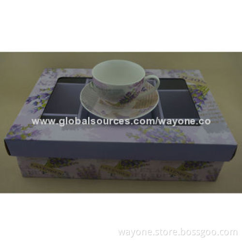 6-set 90cc Coffee Cup Saucer in Printed Gift Box, Lavender design, Ideal for Gifts and Promotions